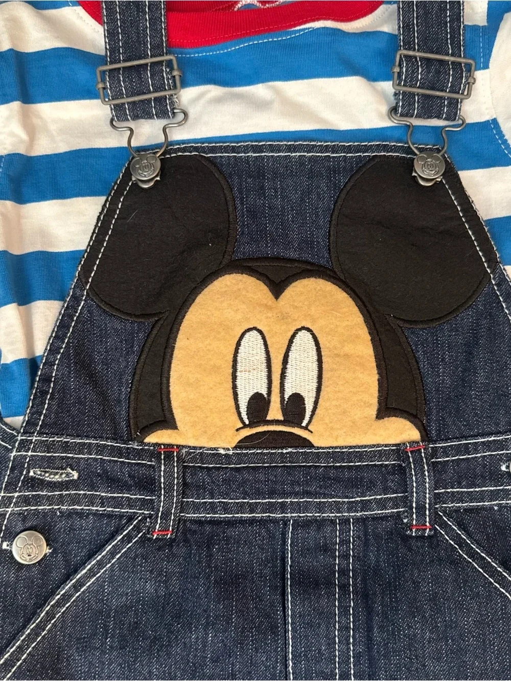 Disney Mickey Mouse Denim Shortalls with Blue, White & Red Striped Tee